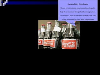 Sustainability Coordinator Dozens of multinational corporations have pledged to help the environment through their business practices. For example, Coca-Cola asked the World Wildlife Fund to help them conserve water. More companies are looking for a single manager to oversee these efforts 