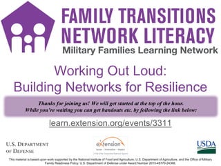 1
learn.extension.org/events/3311
Working Out Loud:
Building Networks for Resilience
Thanks for joining us! We will get started at the top of the hour.
While you’re waiting you can get handouts etc. by following the link below:
 