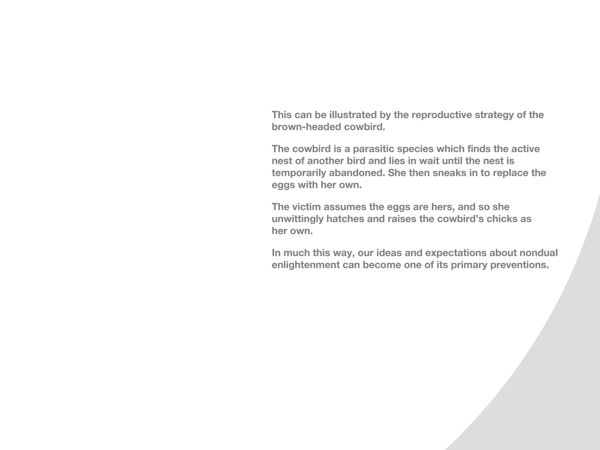 This can be illustrated by the reproductive strategy of the
brown-headed cowbird.

The cowbird is a parasitic species which finds the active
nest of another bird and lies in wait until the nest is
temporarily abandoned. She then sneaks in to replace the
eggs with her own.

The victim assumes the eggs are hers, and so she
unwittingly hatches and raises the cowbird’s chicks as
her own.

In much this way, our ideas and expectations about nondual
enlightenment can become one of its primary preventions.
 