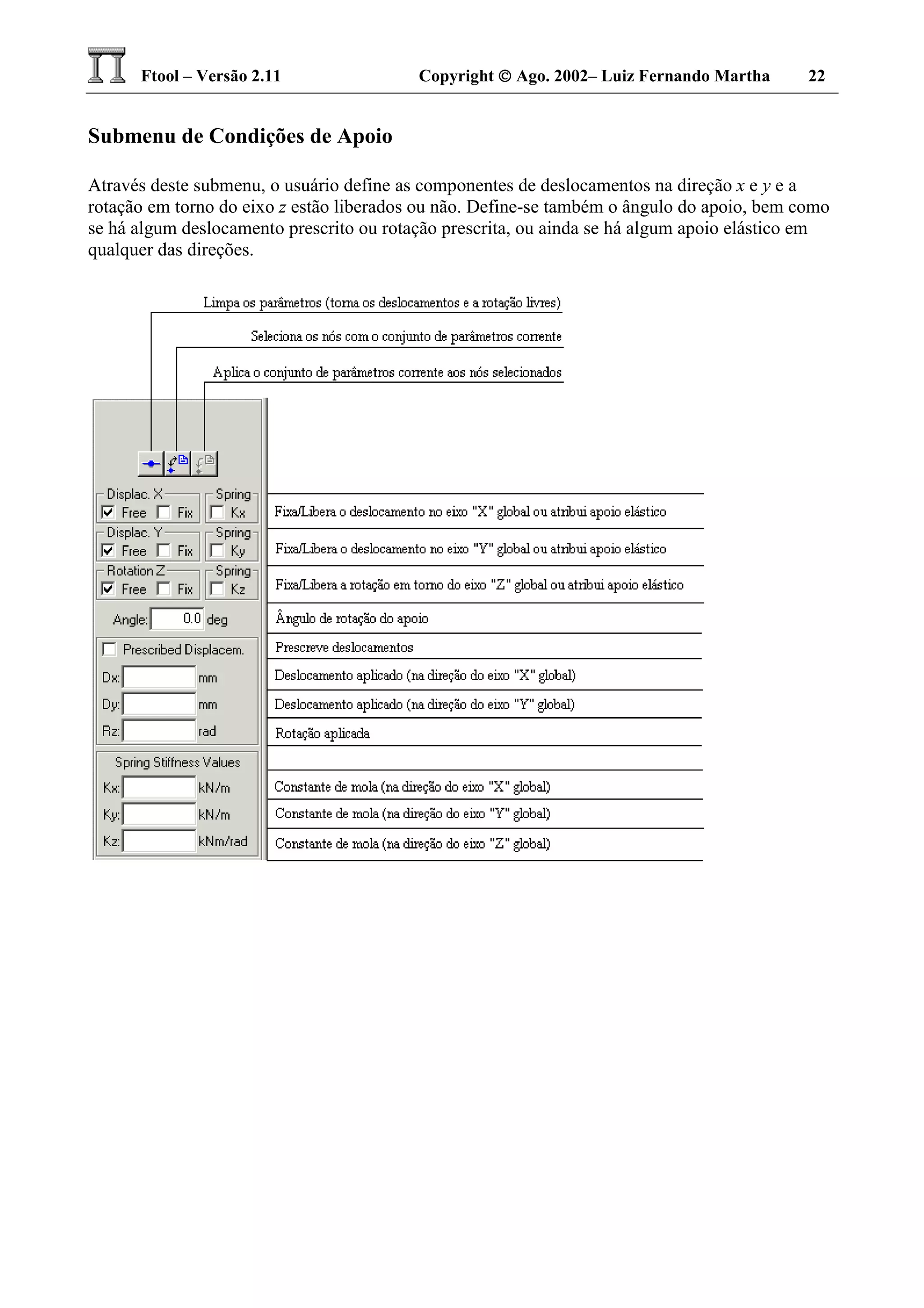 Ftool – Versão 2.11 Copyright  Ago. 2002– Luiz Fernando Martha 22
Submenu de Condições de Apoio
Através deste submenu, o usuário define as componentes de deslocamentos na direção x e y e a
rotação em torno do eixo z estão liberados ou não. Define-se também o ângulo do apoio, bem como
se há algum deslocamento prescrito ou rotação prescrita, ou ainda se há algum apoio elástico em
qualquer das direções.
 