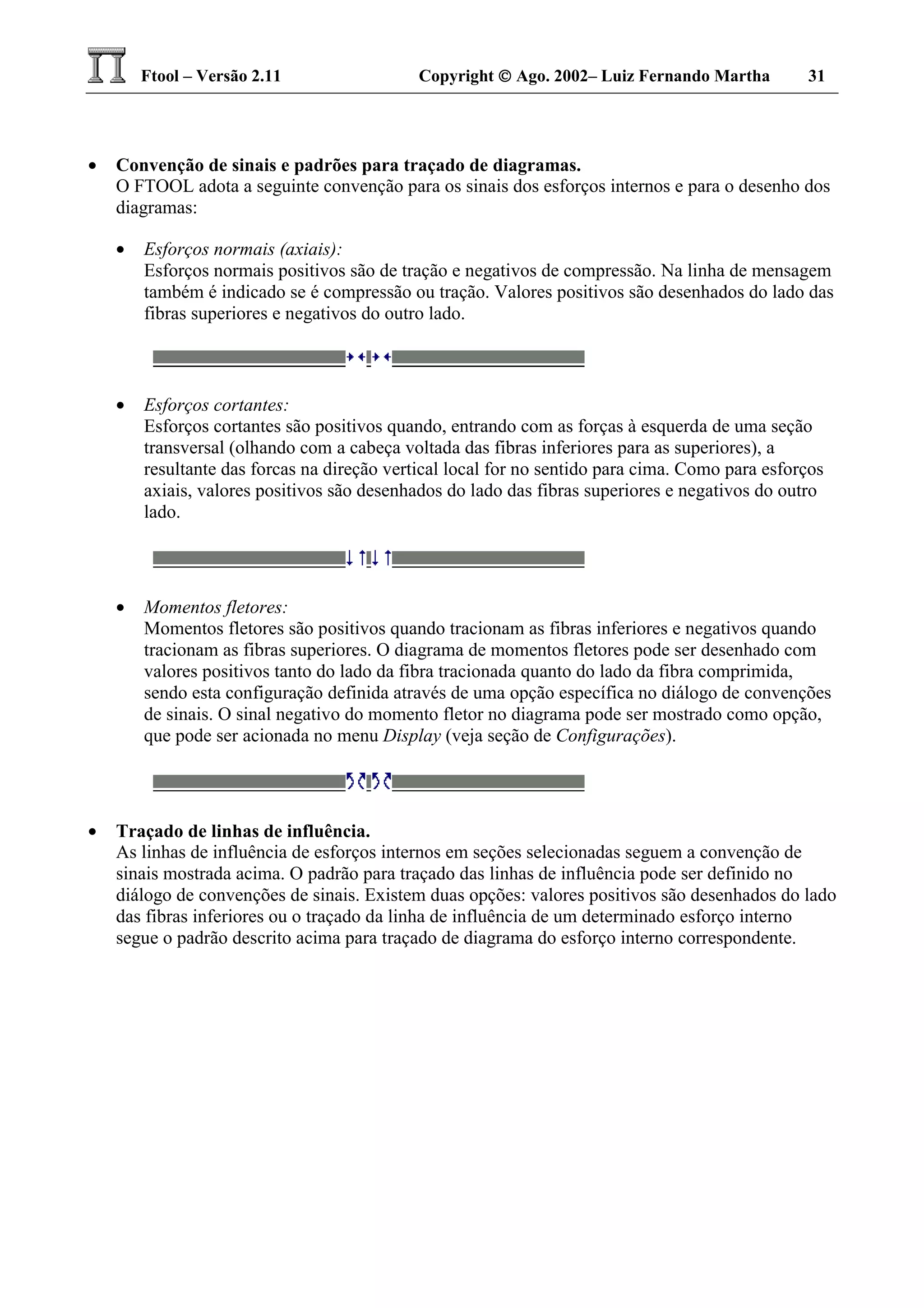 Ftool – Versão 2.11 Copyright  Ago. 2002– Luiz Fernando Martha 31
• Convenção de sinais e padrões para traçado de diagramas.
O FTOOL adota a seguinte convenção para os sinais dos esforços internos e para o desenho dos
diagramas:
• Esforços normais (axiais):
Esforços normais positivos são de tração e negativos de compressão. Na linha de mensagem
também é indicado se é compressão ou tração. Valores positivos são desenhados do lado das
fibras superiores e negativos do outro lado.
• Esforços cortantes:
Esforços cortantes são positivos quando, entrando com as forças à esquerda de uma seção
transversal (olhando com a cabeça voltada das fibras inferiores para as superiores), a
resultante das forcas na direção vertical local for no sentido para cima. Como para esforços
axiais, valores positivos são desenhados do lado das fibras superiores e negativos do outro
lado.
• Momentos fletores:
Momentos fletores são positivos quando tracionam as fibras inferiores e negativos quando
tracionam as fibras superiores. O diagrama de momentos fletores pode ser desenhado com
valores positivos tanto do lado da fibra tracionada quanto do lado da fibra comprimida,
sendo esta configuração definida através de uma opção específica no diálogo de convenções
de sinais. O sinal negativo do momento fletor no diagrama pode ser mostrado como opção,
que pode ser acionada no menu Display (veja seção de Configurações).
• Traçado de linhas de influência.
As linhas de influência de esforços internos em seções selecionadas seguem a convenção de
sinais mostrada acima. O padrão para traçado das linhas de influência pode ser definido no
diálogo de convenções de sinais. Existem duas opções: valores positivos são desenhados do lado
das fibras inferiores ou o traçado da linha de influência de um determinado esforço interno
segue o padrão descrito acima para traçado de diagrama do esforço interno correspondente.
 
