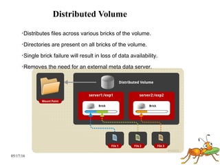 05/17/16
Distributed Volume
➢
Distributes files across various bricks of the volume.
➢
Directories are present on all bricks of the volume.
➢
Single brick failure will result in loss of data availability.
➢
Removes the need for an external meta data server.
 