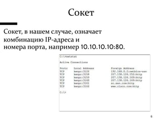 СокетСокет, в нашем случае,означает комбинацию IP-адреса и номера порта, например10.10.10.10:80.6