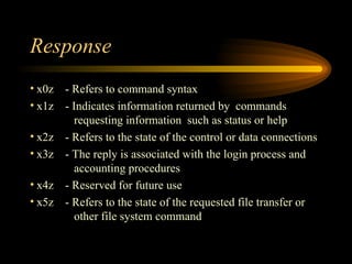 Response x0z - Refers to command syntax x1z - Indicates information returned by  commands    requesting information  such as status or help x2z - Refers to the state of the control or data connections x3z - The reply is associated with the login process and    accounting procedures x4z - Reserved for future use x5z - Refers to the state of the requested file transfer or    other file system command 