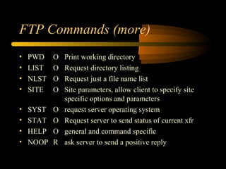 FTP Commands (more)
• PWD O Print working directory
• LIST O Request directory listing
• NLST O Request just a file name list
• SITE O Site parameters, allow client to specify site
specific options and parameters
• SYST O request server operating system
• STAT O Request server to send status of current xfr
• HELP O general and command specific
• NOOP R ask server to send a positive reply
 
