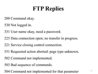 FTP Replies
200 Command okay.
530 Not logged in.
331 User name okay, need a password.
225 Data connection open; no transfer in progress.
221 Service closing control connection.
551 Requested action aborted: page type unknown.
502 Command not implemented.
503 Bad sequence of commands.
504 Command not implemented for that parameter 15
 