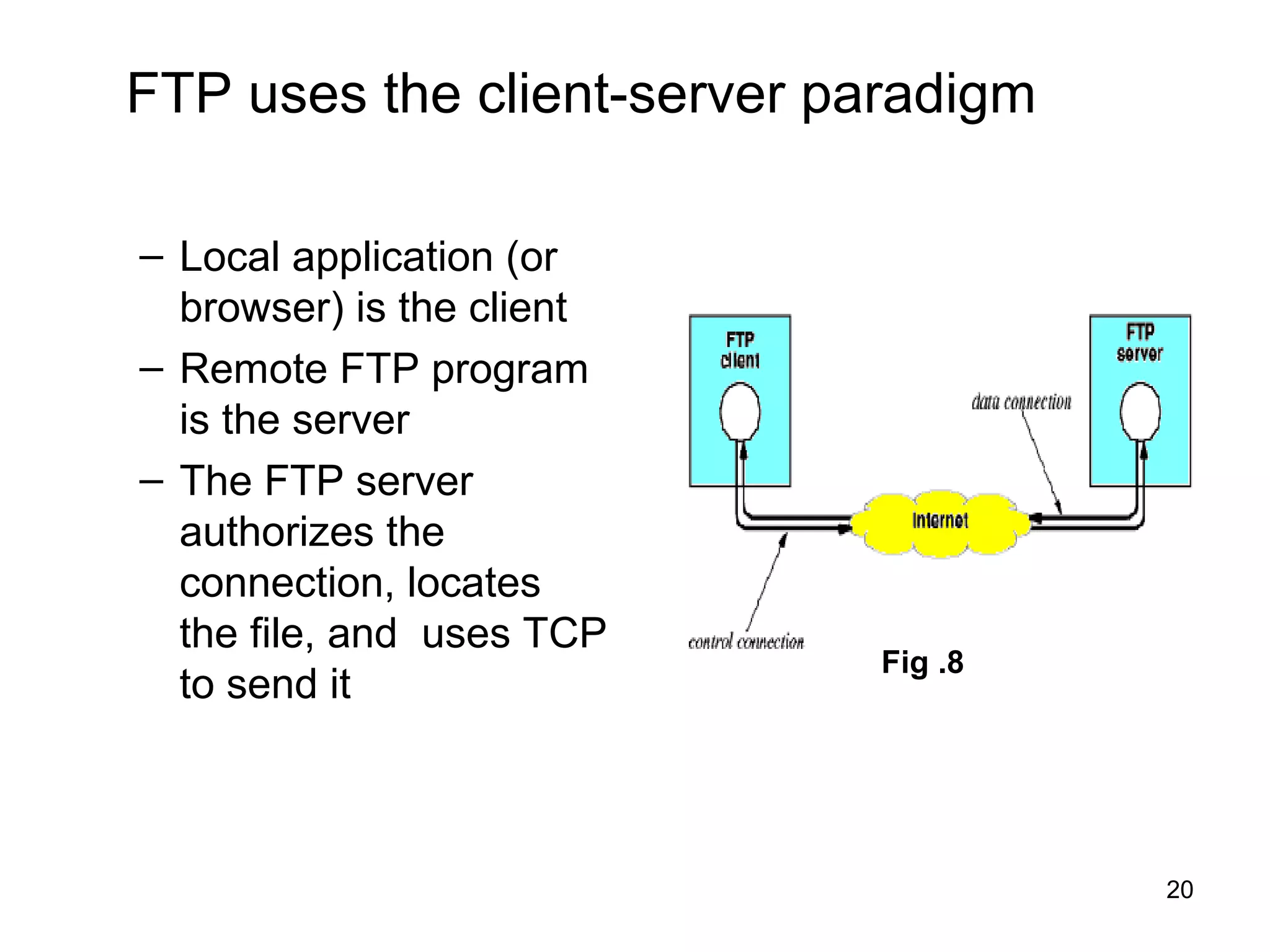FTP uses the client-server paradigm

– Local application (or
  browser) is the client
– Remote FTP program
  is the server
– The FTP server
  authorizes the
  connection, locates
  the file, and uses TCP
                             Fig .8
  to send it



                                      20
 
