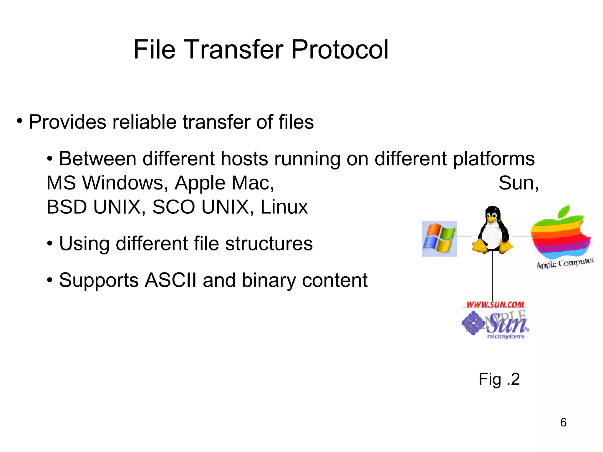 File Transfer Protocol

• Provides reliable transfer of files
   • Between different hosts running on different platforms
   MS Windows, Apple Mac,                               Sun,
   BSD UNIX, SCO UNIX, Linux
   • Using different file structures
   • Supports ASCII and binary content



                                                    Fig .2

                                                               6
 