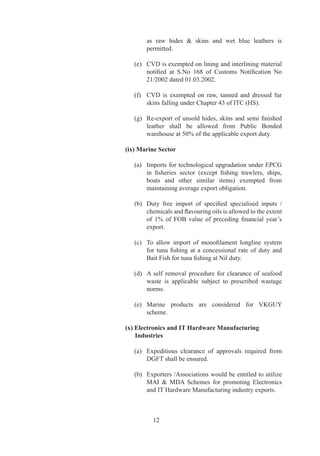as	 raw	 hides	 	 skins	 and	 wet	 blue	 leathers	 is	
        permitted.

   (e)	 CVD	is	exempted	on	lining	and	interlining	material	
        notified	 at	 S.No	 168	 of	 Customs	 Notification	 No	
        /00	dated	0.0.00.

   (f)	 CVD	 is	 exempted	 on	 raw,	 tanned	 and	 dressed	 fur	
        skins	falling	under	Chapter		of	ITC	(HS).

   (g)	 Re-export	 of	 unsold	 hides,	 skins	 and	 semi	 finished	
        leather	 shall	 be	 allowed	 from	 Public	 Bonded	
        warehouse	at	0%	of	the	applicable	export	duty.

(ix) Marine Sector

   (a)	 Imports	for	technological	upgradation	under	EPCG	         	
        in	 fisheries	 sector	 (except	 fishing	 trawlers,	 ships,	
        boats	 and	 other	 similar	 items)	 exempted	 from	
        maintaining	average	export	obligation.

   (b)	 Duty	 free	 import	 of	 specified	 specialised	 inputs	 /
        chemicals	and	flavouring	oils	is	allowed	to	the	extent	
        of	 1%	 of	 FOB	 value	 of	 preceding	 financial	 year’s	
        export.

   (c)	 To	 allow	 import	 of	 monofilament	 longline	 system	
        for	 tuna	 fishing	 at	 a	 concessional	 rate	 of	 duty	 and	
        Bait	Fish	for	tuna	fishing	at	Nil	duty.

   (d)	 A	 self	 removal	 procedure	 for	 clearance	 of	 seafood	
        waste	 is	 applicable	 subject	 to	 prescribed	 wastage	
        norms.

   (e)	 Marine	 products	 are	 considered	 for	 VKGUY	
        scheme.

(x) Electronics and IT Hardware Manufacturing
    Industries

   (a)	 Expeditious	 clearance	 of	 approvals	 required	 from	
                                                             	
        DGFT	shall	be	ensured.

   (b)	 Exporters	/Associations	would	be	entitled	to	utilize	
        MAI	 	 MDA	 Schemes	 for	 promoting	 Electronics	
        and	IT	Hardware	Manufacturing	industry	exports.



           
 