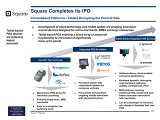 Square Completes its IPO
27
Cloud-Based Platforms / Tablets Disrupting the Point of Sale
Source: FT Partners.
■ Stand-alon...