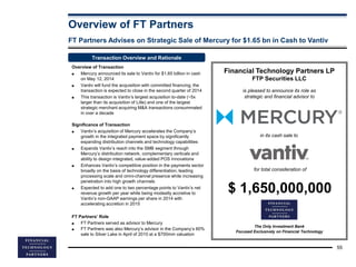 55
FT Partners Advises on Strategic Sale of Mercury for $1.65 bn in Cash to Vantiv
Transaction Overview and Rationale
Fina...