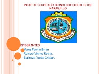 INSTITUTO SUPERIOR TECNOLOGICO PUBLICO DE
NARANJILLO
INTEGRANTES:
• Matos Fermín Bryan.
• Romero Vilches Reyna.
• Espinoza Tuesta Cristian.
 