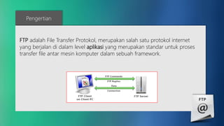 Pengertian 
FTP adalah File Transfer Protokol, merupakan salah satu protokol internet 
yang berjalan di dalam level aplikasi yang merupakan standar untuk proses 
transfer file antar mesin komputer dalam sebuah framework. 
 