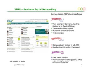 XING – Business Social Networking

                                    German based, 100% business focus




                                      Very strong in Germany, Austria,
                                      Switzerland, Spain (China)
                                      Thousands of live events
                                      Hundreds of active forums
                                      16 languages




                                      Comparatively limited in US, UK
                                      Smaller than LinkedIn, Facebook




                                      Free basic service
                                      Premium membership (€5.95) offers
*See Appendix for details
                                      advanced features*
        gopsill@bluewin.ch                                               21
 