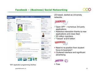 Facebook – (Business) Social Networking

                                          US based, started as University
                                          networks



                                           Open API* – numerous 3rd party
                                           applications
                                           Addictive interaction thanks to new
                                           applications and news feed
                                           50 million members
                                           “Valued” at $10 billion



                                           Need to re-position from student
                                           focus to business?
                                           Cluttered interface and significant
                                           advertising




*API: Application programming interface    Free

        gopsill@bluewin.ch                                                       23
 