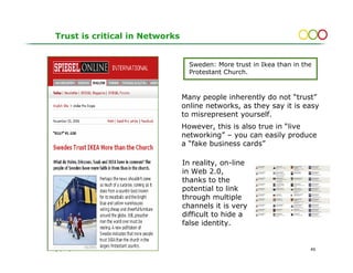 Trust is critical in Networks


                                  Sweden: More trust in Ikea than in the
                                  Protestant Church.



                                Many people inherently do not “trust”
                                online networks, as they say it is easy
                                to misrepresent yourself.
                                However, this is also true in “live
                                networking” – you can easily produce
                                a “fake business cards”

                                In reality, on-line
                                in Web 2.0,
                                thanks to the
                                potential to link
                                through multiple
                                channels it is very
                                difficult to hide a
                                false identity.


gopsill@bluewin.ch                                                     46
 