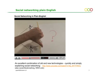 Social networking plain English




An excellent combination of old and new technologies – quickly and simply
explaining social networking: http://www.youtube.com/watch?v=6a_KF7TYKVc
(also social Bookmarking, WIKI’s etc)
gopsill@bluewin.ch                                                          7
 