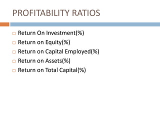 PROFITABILITY RATIOS







Return On Investment(%)
Return on Equity(%)
Return on Capital Employed(%)
Return on Assets(%)
Return on Total Capital(%)

 