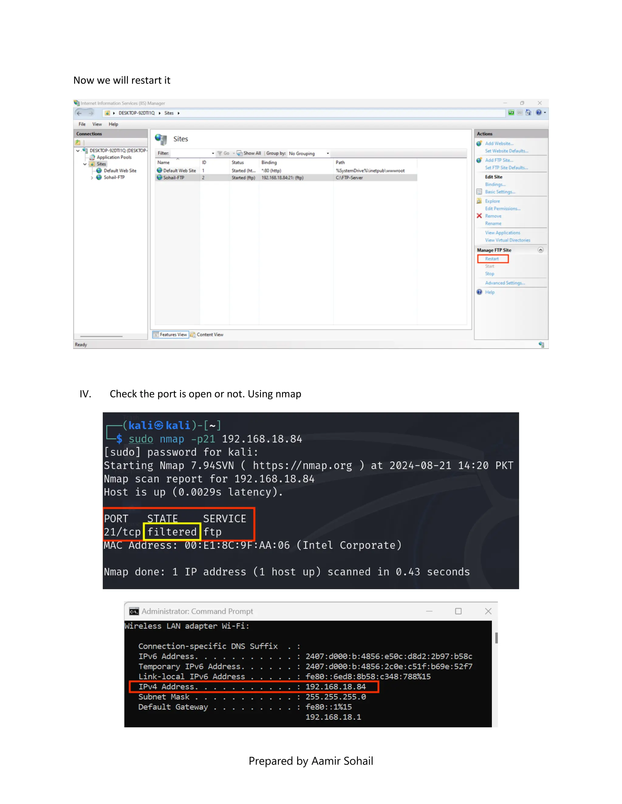 Prepared by Aamir Sohail
Now we will restart it
IV. Check the port is open or not. Using nmap
 