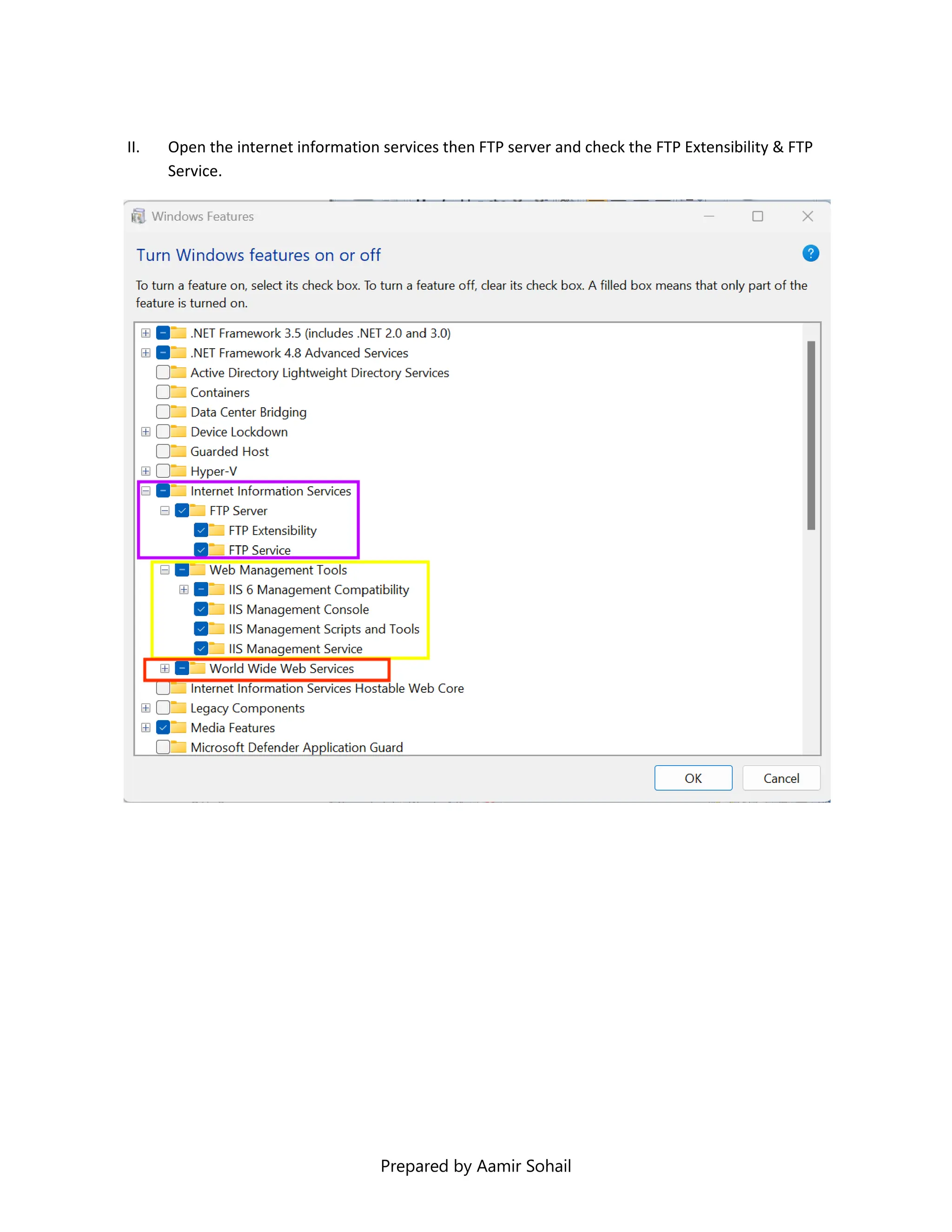 Prepared by Aamir Sohail
II. Open the internet information services then FTP server and check the FTP Extensibility & FTP
Service.
 