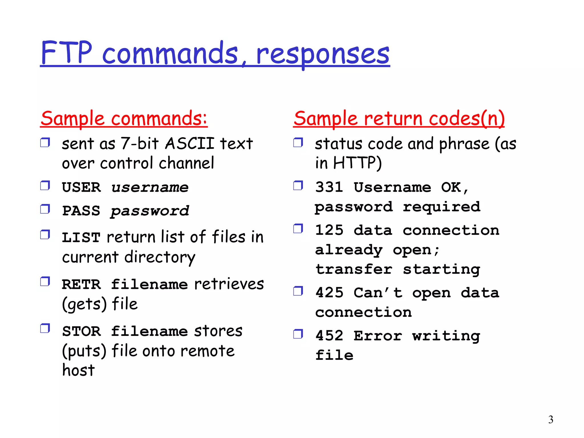 FTP commands, responses Sample commands: sent as 7-bit ASCII text over control channel USER  username PASS  password LIST   return list of files in current directory RETR filename   retrieves (gets) file STOR filename   stores (puts) file onto remote host Sample return codes(n) status code and phrase (as in HTTP) 331 Username OK, password required 125 data connection already open; transfer starting 425 Can’t open data connection 452 Error writing file 