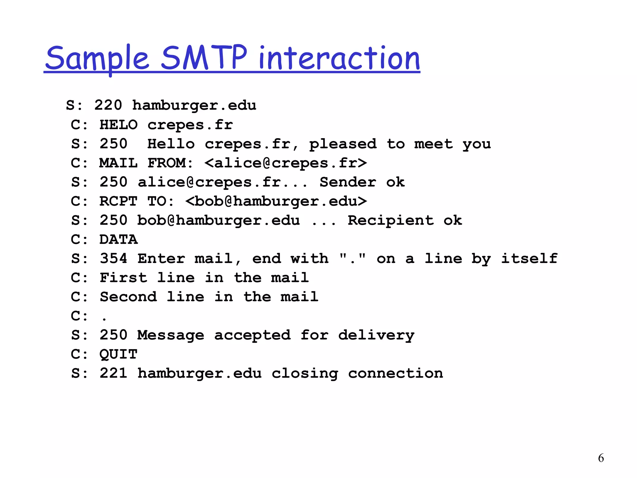 Sample SMTP interaction S: 220 hamburger.edu  C: HELO crepes.fr  S: 250  Hello crepes.fr, pleased to meet you  C: MAIL FROM: <alice@crepes.fr>  S: 250 alice@crepes.fr... Sender ok  C: RCPT TO: <bob@hamburger.edu>  S: 250 bob@hamburger.edu ... Recipient ok  C: DATA  S: 354 Enter mail, end with &quot;.&quot; on a line by itself  C: First line in the mail  C: Second line in the mail C: .  S: 250 Message accepted for delivery  C: QUIT  S: 221 hamburger.edu closing connection 