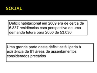 Déficit habitacional em 2009 era de cerca de 
6.837 residências com perspectiva de uma 
demanda futura para 2050 de 53.030 
Uma grande parte deste déficit está ligada à 
existência de 61 áreas de assentamentos 
considerados precários 
 