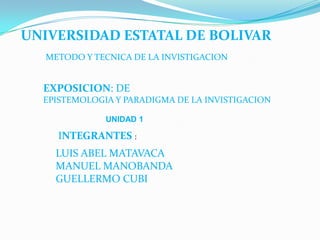 UNIVERSIDAD ESTATAL DE BOLIVAR METODO Y TECNICA DE LA INVISTIGACION  EXPOSICION: DE  EPISTEMOLOGIA Y PARADIGMA DE LA INVISTIGACION  UNIDAD 1 INTEGRANTES :  LUIS ABEL MATAVACA  MANUEL MANOBANDA  GUELLERMO CUBI  