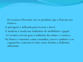Os recursos florestais são os produtos que a floresta nos fornece.  A paisagem é utilizada para recreio e lazer.  A madeira é usada nas indústrias de mobiliário e papel. As resinas servem para a indústria das tintas e vernizes. Os frutos e sementes como castanhas, nozes e pinhões e os cogumelos comestíveis têm como destino a indústria alimentar.  