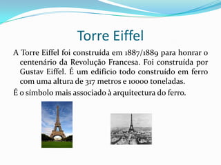 Palácio de Cristal no PortoAutor:Thomas  Dillen JonesData: Inaugurado em 1865, o Palácio de Cristal original acabou por ser demolido em 1951.Período: Foi construído em plena Revolução Industrial, em que o local predilecto era as gares. Espaço muito importante para promover a arte e os seus artistas.Localização: Freguesia de Massarelos, na cidade do Porto.Tipologia: Arquitectura do Ferro.Função:Exposição industrial.Nos dias de hoje este palácio já não existe.