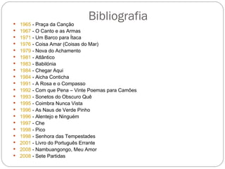Bibliografia 1965  - Praça da Canção  1967  - O Canto e as Armas  1971  - Um Barco para Ítaca  1976  - Coisa Amar (Coisas do Mar)  1979  - Nova do Achamento  1981  - Atlântico  1983  - Babilónia  1984  - Chegar Aqui  1984  - Aicha Conticha  1991  - A Rosa e o Compasso  1992  - Com que Pena – Vinte Poemas para Camões  1993  - Sonetos do Obscuro Quê  1995  - Coimbra Nunca Vista  1996  - As Naus de Verde Pinho  1996  - Alentejo e Ninguém  1997  - Che  1998  - Pico  1998  - Senhora das Tempestades  2001  - Livro do Português Errante  2008  - Nambuangongo, Meu Amor  2008  - Sete Partidas  