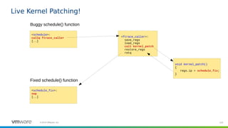 103©2019 VMware, Inc.
Live Kernel Patching!
<schedule>:
callq ftrace_caller
[..]
Buggy schedule() function
<ftrace_caller>:
save_regs
load_regs
call kernel_patch
restore_regs
retq
void kernel_patch()
{
regs.ip = schedule_fix;
}
<schedule_fix>:
nop
[..]
Fixed schedule() function
 