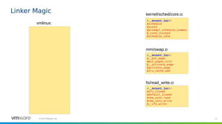 21©2019 VMware, Inc.
Linker Magic
vmlinux:
<__mcount_loc>:
&schedule
&yield
&preempt_schedule_common
&_cond_resched
&schedule_idle
<__mcount_loc>:
&__put_page
&put_pages_list
&__activate_page
&activate_page
&lru_cache_add
<__mcount_loc>:
&vfs_llseek
&default_llseek
&new_sync_read
&new_sync_write
&__vfs_write
kernel/sched/core.o:
mm/swap.o:
fs/read_write.o:
 