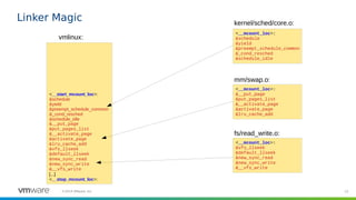 22©2019 VMware, Inc.
Linker Magic
<__start_mcount_loc>:
&schedule
&yield
&preempt_schedule_common
&_cond_resched
&schedule_idle
&__put_page
&put_pages_list
&__activate_page
&activate_page
&lru_cache_add
&vfs_llseek
&default_llseek
&new_sync_read
&new_sync_write
&__vfs_write
[...]
<__stop_mcount_loc>:
vmlinux:
<__mcount_loc>:
&schedule
&yield
&preempt_schedule_common
&_cond_resched
&schedule_idle
<__mcount_loc>:
&__put_page
&put_pages_list
&__activate_page
&activate_page
&lru_cache_add
<__mcount_loc>:
&vfs_llseek
&default_llseek
&new_sync_read
&new_sync_write
&__vfs_write
kernel/sched/core.o:
mm/swap.o:
fs/read_write.o:
 