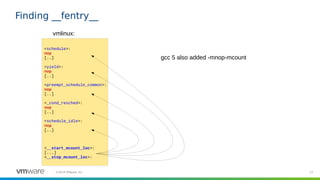 27©2019 VMware, Inc.
Finding __fentry__
<schedule>:
nop
[..]
<yield>:
nop
[..]
<preempt_schedule_common>:
nop
[..]
<_cond_resched>:
nop
[..]
<schedule_idle>:
nop
[..]
<__start_mcount_loc>:
[...]
<__stop_mcount_loc>:
vmlinux:
gcc 5 also added -mnop-mcount
 