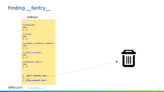 28©2019 VMware, Inc.
Finding __fentry__
vmlinux:
<schedule>:
nop
[..]
<yield>:
nop
[..]
<preempt_schedule_common>:
nop
[..]
<_cond_resched>:
nop
[..]
<schedule_idle>:
nop
[..]
<__start_mcount_loc>:
[...]
<__stop_mcount_loc>:
 
