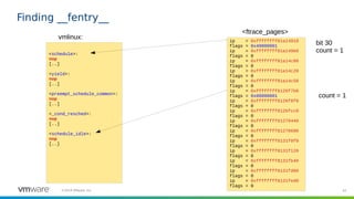 42©2019 VMware, Inc.
Finding __fentry__
vmlinux: ip = 0xffffffff81a14910
flags = 0x40000001
ip = 0xffffffff81a149b0
flags = 0
ip = 0xffffffff81a14c00
flags = 0
ip = 0xffffffff81a14c20
flags = 0
ip = 0xffffffff81a14c50
flags = 0
ip = 0xffffffff8126f7b0
flags = 0x00000001
ip = 0xffffffff8126f8f0
flags = 0
ip = 0xffffffff8126fcc0
flags = 0
ip = 0xffffffff81270440
flags = 0
ip = 0xffffffff81270690
flags = 0
ip = 0xffffffff8131f0f0
flags = 0
ip = 0xffffffff8131f120
flags = 0
ip = 0xffffffff8131fb40
flags = 0
ip = 0xffffffff8131fd00
flags = 0
ip = 0xffffffff8131fed0
flags = 0
<ftrace_pages>
<schedule>:
nop
[..]
<yield>:
nop
[..]
<preempt_schedule_common>:
nop
[..]
<_cond_resched>:
nop
[..]
<schedule_idle>:
nop
[..]
bit 30
count = 1
count = 1
 