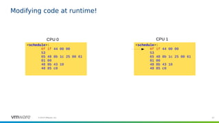 47©2019 VMware, Inc.
Modifying code at runtime!
<schedule>:
0f 1f 44 00 00
53
65 48 8b 1c 25 00 61
01 00
48 8b 43 10
48 85 c0
<schedule>:
0f 1f 44 00 00
53
65 48 8b 1c 25 00 61
01 00
48 8b 43 10
48 85 c0
CPU 0 CPU 1
 