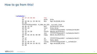 52©2019 VMware, Inc.
How to go from this!
<schedule>:
0f 1f 44 00 00 nop
53 push %rbx
65 48 8b 1c 25 00 61 mov %gs:0x16100,%rbx
01 00
ffffffff81a1491b: R_X86_64_32S current_task
48 8b 43 10 mov 0x10(%rbx),%rax
48 85 c0 test %rax,%rax
74 10 je ffffffff81a14938 <schedule+0x28>
f6 43 24 20 testb $0x20,0x24(%rbx)
75 49 jne ffffffff81a14977 <schedule+0x67>
48 83 bb 20 0c 00 00 cmpq $0x0,0xc20(%rbx)
00
74 1f je ffffffff81a14957 <schedule+0x47>
31 ff xor %edi,%edi
e8 a1 f8 ff ff callq ffffffff81a141e0 <__schedule>
65 48 8b 04 25 00 61 mov %gs:0x16100,%rax
01 00
 
