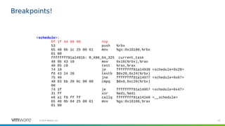 55©2019 VMware, Inc.
Breakpoints!
<schedule>:
0f 1f 44 00 00 nop
53 push %rbx
65 48 8b 1c 25 00 61 mov %gs:0x16100,%rbx
01 00
ffffffff81a1491b: R_X86_64_32S current_task
48 8b 43 10 mov 0x10(%rbx),%rax
48 85 c0 test %rax,%rax
74 10 je ffffffff81a14938 <schedule+0x28>
f6 43 24 20 testb $0x20,0x24(%rbx)
75 49 jne ffffffff81a14977 <schedule+0x67>
48 83 bb 20 0c 00 00 cmpq $0x0,0xc20(%rbx)
00
74 1f je ffffffff81a14957 <schedule+0x47>
31 ff xor %edi,%edi
e8 a1 f8 ff ff callq ffffffff81a141e0 <__schedule>
65 48 8b 04 25 00 61 mov %gs:0x16100,%rax
01 00
 