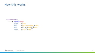 57©2019 VMware, Inc.
How this works
<schedule>:
<int3>nop
push %rbx
mov %gs:0x16100,%rbx
mov 0x10(%rbx),%rax
test %rax,%rax
 