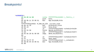 64©2019 VMware, Inc.
Breakpoints!
<schedule>:
e8 1b d0 1e 00 callq ffffffff81c01930 <__fentry__>
53 push %rbx
65 48 8b 1c 25 00 61 mov %gs:0x16100,%rbx
01 00
ffffffff81a1491b: R_X86_64_32S current_task
48 8b 43 10 mov 0x10(%rbx),%rax
48 85 c0 test %rax,%rax
74 10 je ffffffff81a14938 <schedule+0x28>
f6 43 24 20 testb $0x20,0x24(%rbx)
75 49 jne ffffffff81a14977 <schedule+0x67>
48 83 bb 20 0c 00 00 cmpq $0x0,0xc20(%rbx)
00
74 1f je ffffffff81a14957 <schedule+0x47>
31 ff xor %edi,%edi
e8 a1 f8 ff ff callq ffffffff81a141e0 <__schedule>
65 48 8b 04 25 00 61 mov %gs:0x16100,%rax
01 00
 