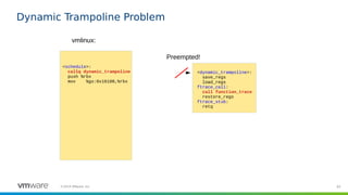 83©2019 VMware, Inc.
Dynamic Trampoline Problem
<schedule>:
callq dynamic_trampoline
push %rbx
mov %gs:0x16100,%rbx
vmlinux:
<dynamic_trampoline>:
save_regs
load_regs
ftrace_call:
call function_trace
restore_regs
ftrace_stub:
retq
Preempted!
 