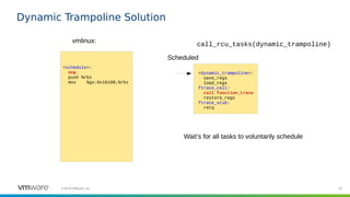 97©2019 VMware, Inc.
Dynamic Trampoline Solution
<schedule>:
nop
push %rbx
mov %gs:0x16100,%rbx
vmlinux:
<dynamic_trampoline>:
save_regs
load_regs
ftrace_call:
call function_trace
restore_regs
ftrace_stub:
retq
Scheduled
call_rcu_tasks(dynamic_trampoline)
Wait’s for all tasks to voluntarily schedule
 