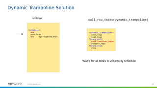 99©2019 VMware, Inc.
Dynamic Trampoline Solution
<schedule>:
nop
push %rbx
mov %gs:0x16100,%rbx
vmlinux:
<dynamic_trampoline>:
save_regs
load_regs
ftrace_call:
call function_trace
restore_regs
ftrace_stub:
retq
call_rcu_tasks(dynamic_trampoline)
Wait’s for all tasks to voluntarily schedule
 