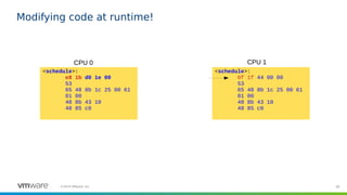 48©2019 VMware, Inc.
Modifying code at runtime!
<schedule>:
0f 1f 44 00 00
53
65 48 8b 1c 25 00 61
01 00
48 8b 43 10
48 85...