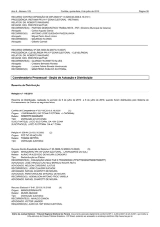 Ano II - Número 125                                     Curitiba, quinta-feira, 8 de julho de 2010                                                Página 38

RECURSO CONTRA EXPEDIÇÃO DE DIPLOMA Nº 14 (9265-60.2008.6.16.0141)
PROCEDÊNCIA: IRETAMA-PR (141ª ZONA ELEITORAL - IRETAMA)
RELATOR: DR. ROBERTO MASSARO
REVISOR: DES. PRESTES MATTAR
RECORRENTE(S) : PARTIDO DEMOCRÁTICO TRABALHISTA - PDT, (Diretório Municipal de Iretama)
Advogado        : Carlos Augusto Garcia
RECORRIDO(S) : ANTONIO JOSÉ QUESADA PIAZZALUNGA
Advogado        : Miguel Pedro Abudi Júnior
RECORRIDO(S) : MAURÍCIO FLORES
Advogado        : Gilberto Carniati
__________________________________________________________________________________________________________________

RECURSO CRIMINAL Nº 205 (5003-92.2007.6.16.0047)
PROCEDÊNCIA: CLEVELÂNDIA-PR (47ª ZONA ELEITORAL - CLEVELÂNDIA)
RELATOR: DR. ROBERTO MASSARO
REVISOR: DES. PRESTES MATTAR
RECORRENTE(S) : CLARICE FAVARETTO ALVES
Advogado        : Cristiano Bernardo Roveda
Advogado        : Luciana Fatima Roveda Vendruscolo
RECORRIDO(S) : MINISTÉRIO PÚBLICO ELEITORAL



 Coordenadoria Processual - Seção de Autuação e Distribuição

Resenha de Distribuição


Relação n.º 118/2010

Resenha de Distribuição, realizada no período de 5 de julho de 2010 a 5 de julho de 2010, quando foram distribuídos pelo Sistema de
Processamento de Dados os seguintes feitos:


Conflito de Competência nº 507-59.2010.6.16.0000 (1)
Origem: LONDRINA-PR (190ª ZONA ELEITORAL - LONDRINA)
Relator: ROBERTO MASSARO
Tipo:     Distribuição por prevenção
SUSCITANTE(S): JUÍZO ELEITORAL DA 190ª ZONA
SUSCITADO(S): JUÍZO ELEITORAL DA 41ª ZONA


Petição nº 508-44.2010.6.16.0000           (2)
Origem: FOZ DO IGUAÇU-PR
Relator: TOMASI KEPPEN
Tipo:     Distribuição automática


Recurso Contra Expedição de Diploma nº 45 (9656-12.2008.6.16.0045) (3)
Origem: MARQUINHO-PR (45ª ZONA ELEITORAL - LARANJEIRAS DO SUL)
Relator: AURACYR AZEVEDO DE MOURA CORDEIRO
Tipo:    Redistribuição ao Efetivo
RECORRENTE(S) : COLIGAÇÃO UNIÃO PAZ E PROGRESSO (PPS/PTB/DEM/PMDB/PSDB/PP)
ADVOGADO: JOSÉ VIRGÍLIO CASTELO BRANCO ROCHA NETO
ADVOGADO: NELSON CORDEIRO JUSTUS
RECORRIDO(S) : JOSE CLAUDIR SUCHOW
ADVOGADO: RAFAEL CHIAPETTI DE MOURA
ADVOGADA: ANNA KAROLINE SPAGNOL DE MOURA
RECORRIDO(S) : ADEMILSON ANTONIO TROC VARELA
ADVOGADO: RAFAEL CHIAPETTI DE MOURA


Recurso Eleitoral nº 9-41.2010.6.16.0168 (4)
Origem: MANGUEIRINHA-PR
Relator: MUNIR ABAGGE
Tipo:    Distribuição automática
RECORRENTE(S) : NIVALDO ZANON
ADVOGADO: VICTOR LANGER
REQUERIDO(S): JUÍZO DA 168ª ZONA ELEITORAL



Diário da Justiça Eleitoral - Tribunal Regional Eleitoral do Paraná. Documento assinado digitalmente conforme MP n. 2.200-2/2001 de 24.8.2001, que institui a
                  Infra-estrutura de Chaves Públicas Brasileira - ICP-Brasil, podendo ser acessado no endereço eletrônico http://www.tse.gov.br
 