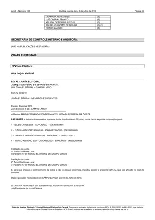 Ano II - Número 125                                     Curitiba, quinta-feira, 8 de julho de 2010                                                Página 40

                                        LINAMARA FERNANDES                                            (6)
                                        LUIZ CABRAL FRANCO                                            (6)
                                        NELSON CORDEIRO JUSTUS                                        (3)
                                        RAFAEL CHIAPETTI DE MOURA                                     (3),(3)
                                        VICTOR LANGER                                                 (4)




SECRETARIA DE CONTROLE INTERNO E AUDITORIA

(NÃO HÁ PUBLICAÇÕES NESTA DATA)



ZONAS ELEITORAIS



 9ª Zona Eleitoral

Atos do juiz eleitoral


EDITAL - JUNTA ELEITORAL
JUSTIÇA ELEITORAL DO ESTADO DO PARANÁ
009ª ZONA ELEITORAL – CAMPO LARGO

EDITAL 03/2010

JUNTA ELEITORAL - MEMBROS E SUPLENTES


Eleição: Eleições 2010
Zona Eleitoral: 9 ZE - CAMPO LARGO
-------------------------------------------------------------------------------
A Doutora MARIA FERNANDA SCHEIDEMANTEL NOGARA FERREIRA DA COSTA

FAZ SABER, a todos os interessados, que esta Junta, distribuída em 01 (uma) turma, terá a seguinte composição geral:

1 - ALCEU CARLESSO - ADVOGADO - 006360670604

2 - ELTON JOSE CASTAGNOLLI - ADMINISTRADOR - 006339500663

3 - LAERTES ELIAS DOS SANTOS - BANCÁRIO - 006275110671

4 - MARCO ANTONIO SANTOS CARDOZO - BANCÁRIO - 006352660698


Instalação da Junta
1º Turno Dia Horas Local
03/10/2010 17:00 FÓRUM ELEITORAL DE CAMPO LARGO

Instalação da Junta
2º Turno Dia Horas Local
31/10/2010 17:00 FÓRUM ELEITORAL DE CAMPO LARGO

E, para que chegue ao conhecimento de todos e não se alegue ignorância, mandou expedir o presente EDITAL, que será afixado no local de
costume.

Dado e passado nesta cidade de CAMPO LARGO, aos 01 de Julho de 2010.


Dra. MARIA FERNANDA SCHEIDEMANTEL NOGARA FERREIRA DA COSTA
Juiz Presidente da Junta Eleitoral




Diário da Justiça Eleitoral - Tribunal Regional Eleitoral do Paraná. Documento assinado digitalmente conforme MP n. 2.200-2/2001 de 24.8.2001, que institui a
                  Infra-estrutura de Chaves Públicas Brasileira - ICP-Brasil, podendo ser acessado no endereço eletrônico http://www.tse.gov.br
 