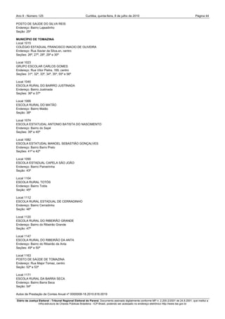Ano II - Número 125                                     Curitiba, quinta-feira, 8 de julho de 2010                                                Página 44

POSTO DE SAÚDE DO SILVA REIS
Endereço: Bairro Lajeadinho
Seção: 25ª

MUNICÍPIO DE TOMAZINA
Local 1015
COLÉGIO ESTADUAL FRANCISCO INACIO DE OLIVEIRA
Endereço: Rua Xavier da Silva,sn, centro
Seções: 26ª, 27ª, 28ª, 29ª e 30ª

Local 1023
GRUPO ESCOLAR CARLOS GOMES
Endereço: Rua Vitor Pietra, 169, centro
Seções: 31ª, 32ª, 33ª, 34ª, 35ª, 55ª e 56ª

Local 1040
ESCOLA RURAL DO BAIRRO JUSTINADA
Endereço: Bairro Justinada
Seções: 36ª e 37ª

Local 1066
ESCOLA RURAL DO MATÃO
Endereço: Bairro Matão
Seção: 38ª

Local 1074
ESCOLA ESTATUDAL ANTONIO BATISTA DO NASCIMENTO
Endereço: Bairro do Sapé
Seções: 39ª e 40ª

Local 1082
ESCOLA ESTATUDAL MANOEL SEBASTIÃO GONÇALVES
Endereço: Bairro Barro Preto
Seções: 41ª e 42ª

Local 1090
ESCOLA ESTADUAL CAPELA SÃO JOÃO
Endereço: Bairro Paineirinha
Seção: 43ª

Local 1104
ESCOLA RURAL TOTÓS
Endereço: Bairro Totós
Seção: 45ª

Local 1112
ESCOLA RURAL ESTADUAL DE CERRADINHO
Endereço: Bairro Cerradinho
Seção: 46ª

Local 1120
ESCOLA RURAL DO RIBEIRÃO GRANDE
Endereço: Bairro do Ribeirão Grande
Seção: 47ª

Local 1147
ESCOLA RURAL DO RIBEIRÃO DA ANTA
Endereço: Bairro do Ribeirão da Anta
Seções: 49ª e 50ª

Local 1163
POSTO DE SAÚDE DE TOMAZINA
Endereço: Rua Major Tomaz, centro
Seção: 52ª e 53ª

Local 1171
ESCOLA RURAL DA BARRA SECA
Endereço: Bairro Barra Seca
Seção: 54ª

Autos de Prestação de Contas Anual nº 0000008-18.2010.616.0019

Diário da Justiça Eleitoral - Tribunal Regional Eleitoral do Paraná. Documento assinado digitalmente conforme MP n. 2.200-2/2001 de 24.8.2001, que institui a
                  Infra-estrutura de Chaves Públicas Brasileira - ICP-Brasil, podendo ser acessado no endereço eletrônico http://www.tse.gov.br
 