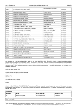 Ano II - Número 125                                     Curitiba, quinta-feira, 8 de julho de 2010                                                 Página 5

                                                                                          PROFESSOR CLAUDINHO
 40557            CLAUDIO SIQUEIRA DE OLIVEIRA                                                                                     137022010

 40125            EMERSON LUIZ DA SILVA                                                   CANTOR JOHN                              137032010
 40789            EMILIA DE SALLES BELINATI                                               EMILIA BELINATI                          137042010
 40129            FRANCISCO VALENTIM FILHO                                                BAIXINHO                                 137052010
 40128            GRACIANO KATERSKI KRUTLI                                                MAJOR GRACIANO                           137062010
 40222            HELENO JOSE DE ANDRADE                                                  HELENNO ANDRADE                          137072010
 40123            HERMAS EURIDES BRANDÃO JUNIOR                                           HERMAS BRANDÃO JR                        137082010
 40159            JOSE CARLOS DE SOUZA                                                    JOSE CARLOS                              137092010
 40126            JOSE DANILSON ALVES DE OLIVEIRA                                         DANILSON                                 137102010
 40590            JOSE GILBERTO DO CARMO ALVES RIBEIRO                                    GILBERTO RIBEIRO                         137112010

 40640            LUIZ CARLOS DA SILVA CAMERAN                                            PROF. LUIZ CAMARÃO                       137122010
 40127            LUIZ PEREIRA                                                            PADRE LUIZINHO                           137132010
 40400            LUIZ TADEU SEIDEL BERNARDINA                                            LUIZ TADEU SEIDEL                        137142010
 40100            MARCOS ALEXANDRE FRANCO                                                 MARCOS FRANCO                            137152010
 40004            MARIA DE LOURDES BESERRA DE SOUZA                                       DONA LOURDES                             137162010
 40753            MARIO ANTONIO DONADON                                                   MARIO DONADON                            137172010
 40120            MIGUEL JOAQUIM DE OLIVEIRA                                              MIGUEL                                   137182010
 40199            ORLEI DOS SANTOS                                                        ORLEI DO POVO                            137192010
 40678            RENATO HENRIQUE FREITAS DE SOUZA                                        RENATO                                   137202010
 40111            RENI CLOVIS DE SOUZA PEREIRA                                            RENI PEREIRA                             137212010
 40007            SERGIO SILVEIRA DE BARROS                                               SERGIO DE BARROS                         137222010
 40177            SILVANA DE OLIVEIRA CARVALHO                                            SILVANA                                  137232010
 40200            VILSON KACHEL                                                           KACHEL                                   137242010
 40140            WILSON LUIZ DARIENZO QUINTEIRO                                          WILSON QUINTEIRO                         137252010



Nos termos do art. 3º da Lei Complementar nº 64/90, c/c art. 37 da Resolução TSE nº 23.221/2010, caberá a qualquer candidato(a), partido
político, coligação partidária ou ao Ministério Público, no prazo de 5 (cinco) dias, contados da publicação deste edital, impugnar, em petição
fundamentada, o(s) pedido(s) de registro de candidatura.
No mesmo prazo e forma, qualquer cidadão(ã) no gozo de seus direitos políticos, poderá dar a notícia de inelegibilidade, nos termos do art. 38
da referida Resolução.

CURITIBA, 06 de julho de 2010.

(a)DESª REGINA AFONSO PORTES Presidente


EDITAL Nº 3


JUSTIÇA ELEITORAL TRE/PR


EDITAL


A Exmª. Srª Desª. REGINA AFONSO PORTES, Presidente deste Tribunal, no uso de suas atribuições, faz saber aos interessados que foram
protocolizados nesta Secretaria, em 05/07/2010, os pedidos de registro de candidatos do(a) 43 - PV, abaixo relacionados, para concorrer às
Eleições de 03/10/2010.

 Governador
 NÚMERO                  NOME                                          OPÇÃO DE NOME                                  N° PROTOCOLO

 43                      PAULO SALAMUNI                                PAULO SALAMUNI                                 138662010


 Vice-Governador



Diário da Justiça Eleitoral - Tribunal Regional Eleitoral do Paraná. Documento assinado digitalmente conforme MP n. 2.200-2/2001 de 24.8.2001, que institui a
                  Infra-estrutura de Chaves Públicas Brasileira - ICP-Brasil, podendo ser acessado no endereço eletrônico http://www.tse.gov.br
 